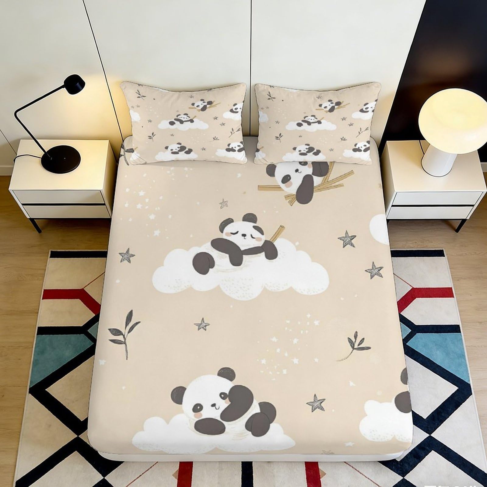 Pnayamiorkfel Style-7 3D Printed Panda Cloud Fitted Sheet Microfiber Beige Cartoon Mattress Cover For Bedroom Guestroom Dorm Decorative 90X200x25cm