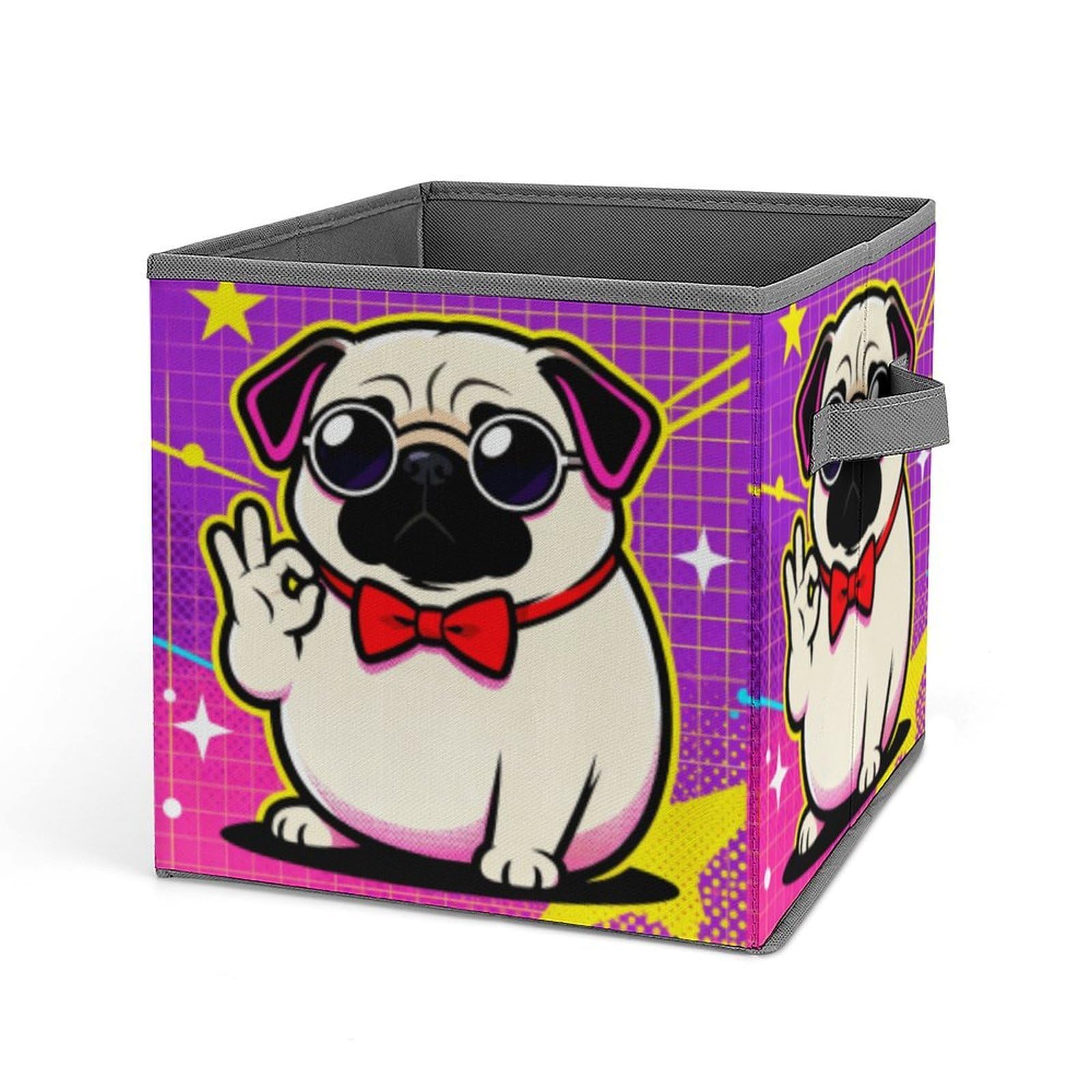 Cute Pug Dog Print Storage Baskets Collapsible, Exquisite Pattern Cube Box, Canvas Fabric Storage Bins with Handles, Clothe Organizer Box for Home Decorative Office Bedroom