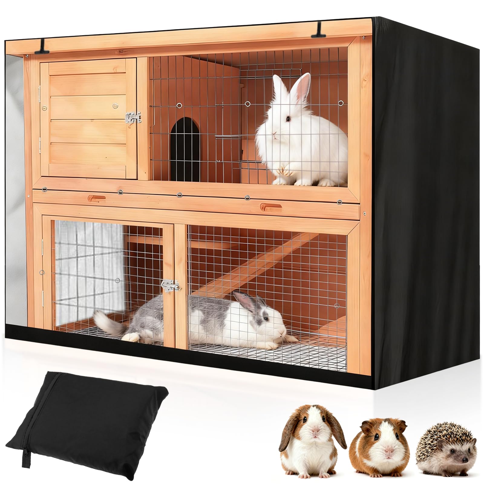 48in Double Rabbit Hutch Cover with Visible Window, Windproof Waterproof Thermal Cage Covers, Small Animal Outdoor Protection, Winter Dustproof Pet Hutches Pens Cover for Bunny,Guinea Pig Cages(Black)