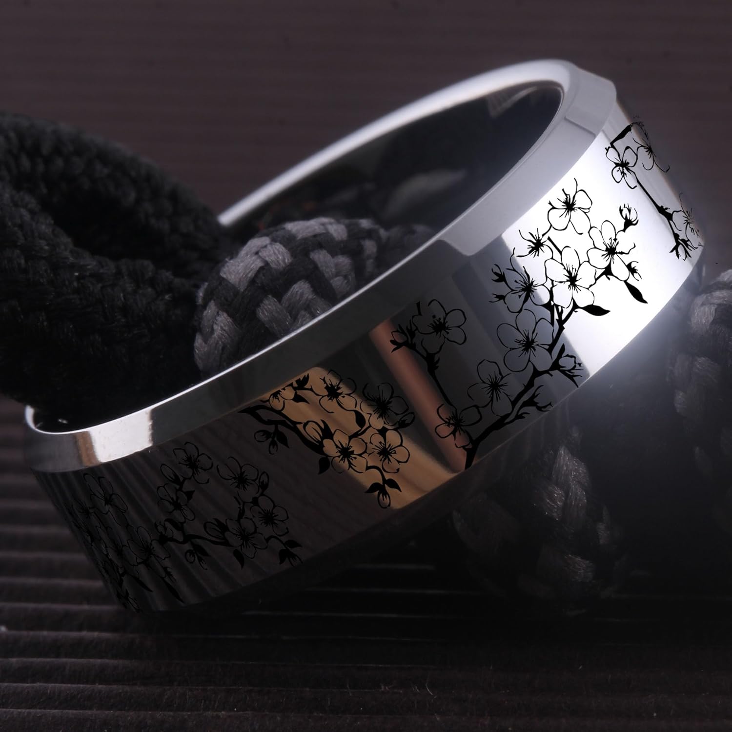 Cherry Blossom Wedding Band Ring, Japanese Cherry Wedding Band, Tungsten Carbide, Floral Pattern Design, 8mm