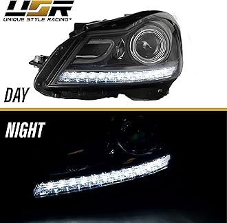USR 12-14 W204 C-Class LED Switchback Headlight Assembly Set (Left + Right) Compatible with 2012-2014 Mercedes Benz W204 C Class Halogen Models (Black Housing, Switch Back DRL, Plug and Play, 2PC Set)