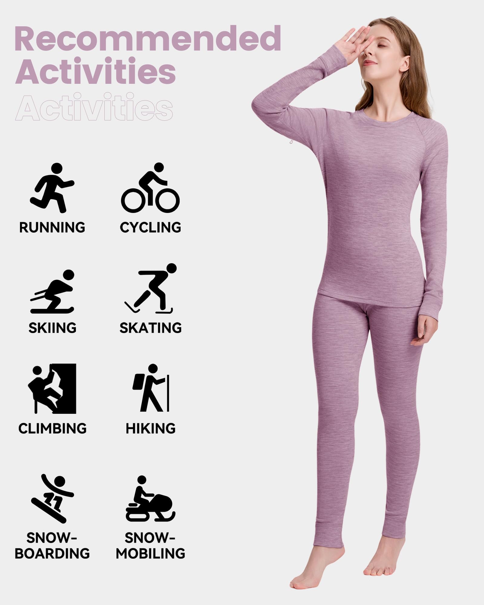 Ensemble Thermique Femme en Laine Mérinos 100%, sous-Vêtements Thermique, Couches de Base pour Ski, Randonnée, Sports d'hiver