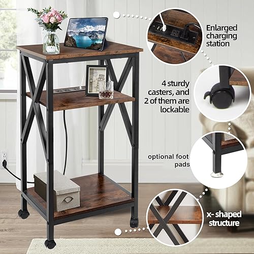 Miniatura 4 de TooCust Mesa auxiliar de 3 niveles con estación de carga, 16 pulgadas de ancho x 12 pulgadas de profundidad x 28 pulgadas de alto, mesita de noche