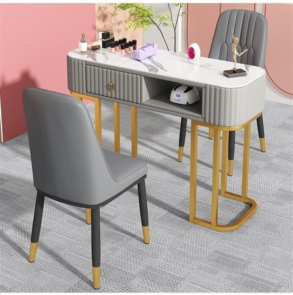 Nail Salon Desk, Metal Frame Manicure Table with Drawers and Marble Top for Beauty Salon and Nail Station