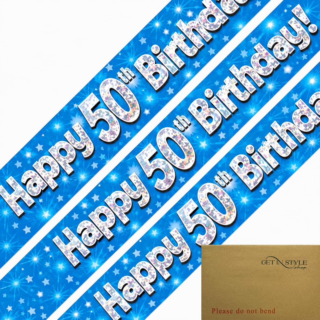 9ft Banner Happy 50th Birthday Blue Holographic Foil Pennant (274cm)