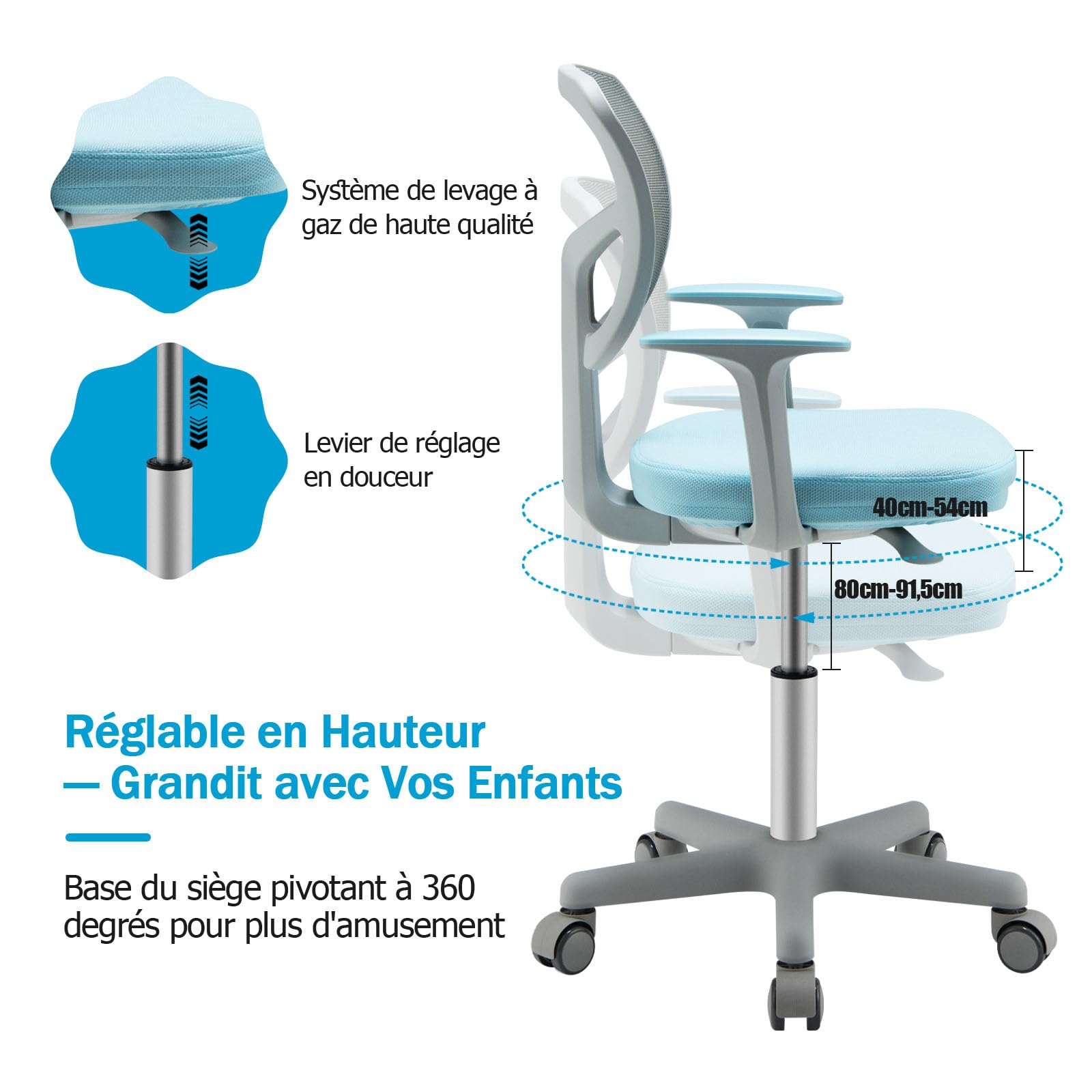 DREAMADE Chaise de Bureau Enfants en Maille,Fauteuil Pivotante Ergonomique Enfant avec Hauteur Réglable&Dossier&Accoudoirs,Siège à roulettes Fille Garcon 3-10 Ans,Charge 150kg (Bleu)