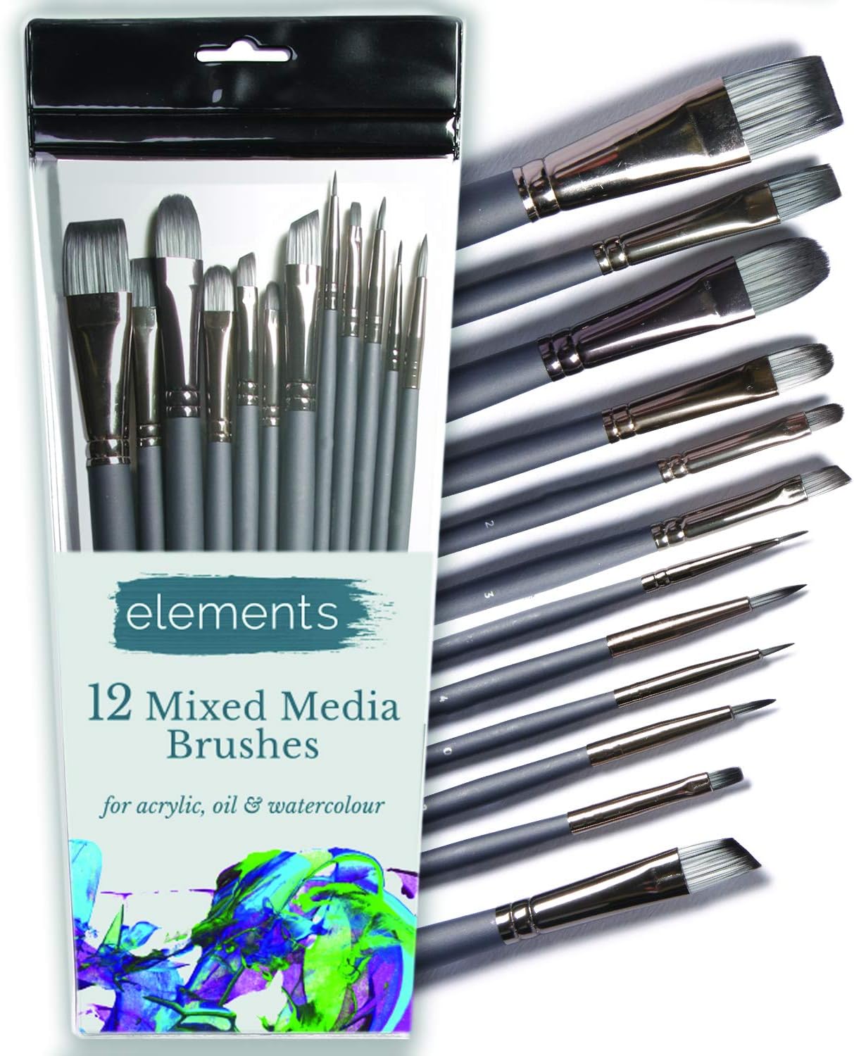 Elements Mixed Media Fine Detail Paint Brush Set - 12 Piece Set | Brushes for Acrylic, Oil, Watercolour, Model, Craft, Miniatures, Painting Paintbrushes