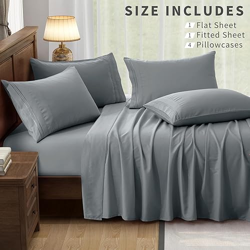 Miniatura 3 de TREELY Juego de sábanas grises tamaño Queen, 6 piezas de microfibra cepillada, sábana bajera ajustable de 16 pulgadas de profundidad tamaño Queen,