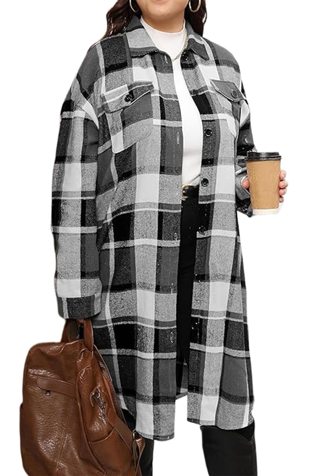 zaayo Women's 2024 Plus Size Plaid Flannel Shacket Loose Fit Long Shirts Jacket Tartan Boyfriend Oversized Coat-picture-27