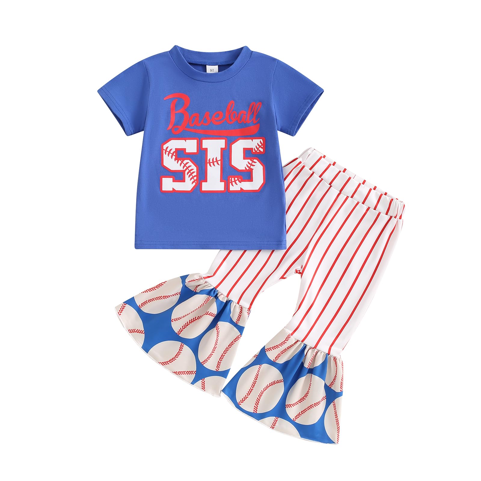 BULINGNA 2Pcs Toddler Baby Girl Summer Baseball Outfit Set Short Sleeve Baseball Sis T-Shirt Top and Striped Flare Pants (Blue, 4-5 Years)