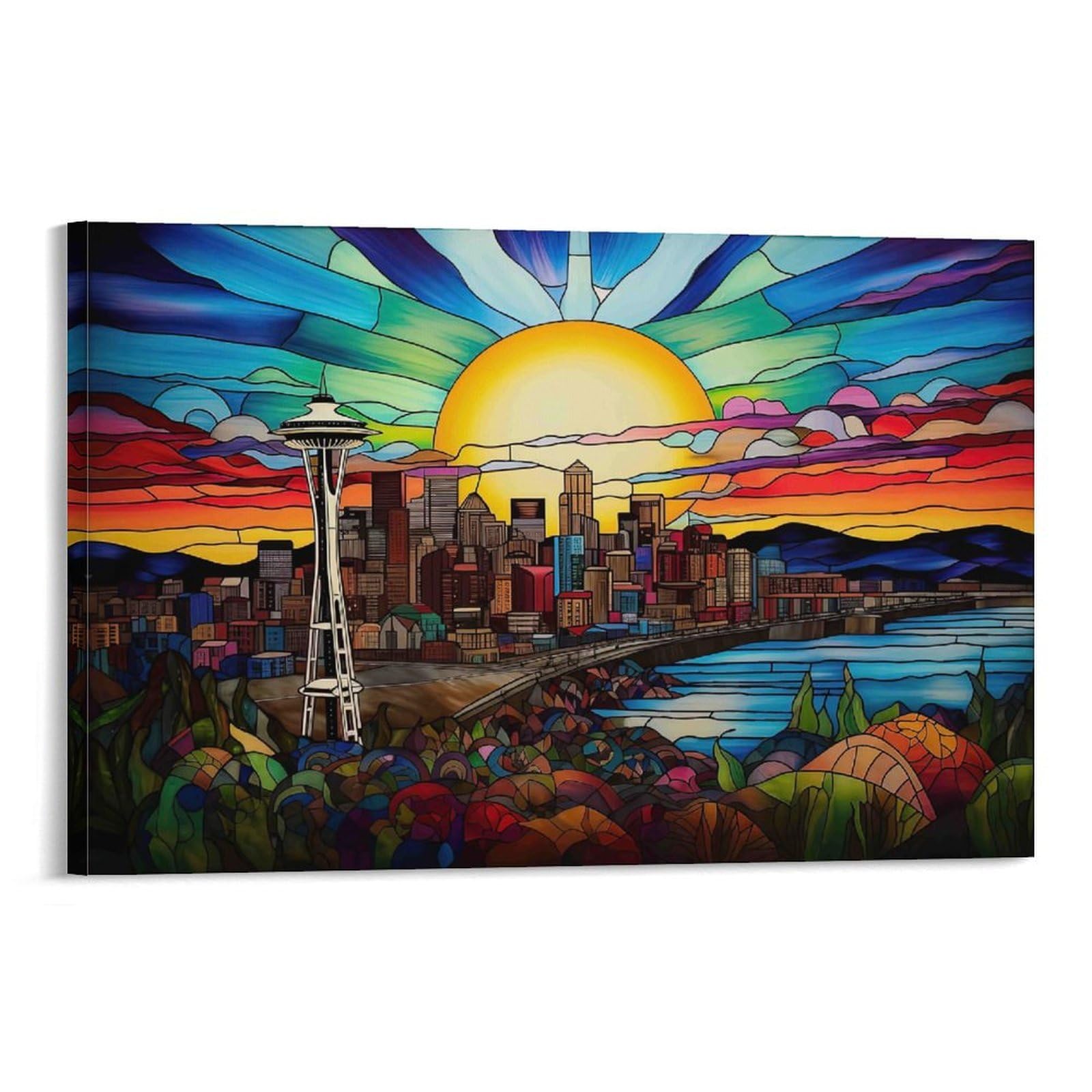 CPLVKWRQJ StainedGlassSeattleView Single Piece Seattle Skyline Stained Glass Sunset Artwork Canvas Artwork - Kitchen Removable Wall Art Multi-Purpose Ready to Hang Decor 20x30inch(50x75cm)