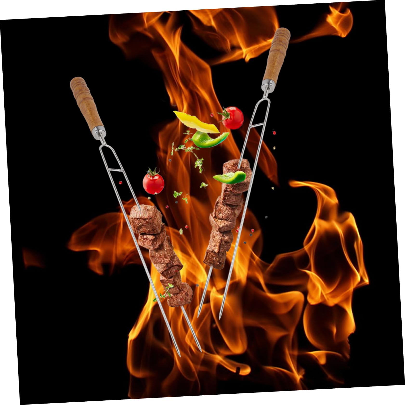Gatuida Grillspieße zum Einfachen Aufspießen von Fleisch und Gemüse mit Doppelten Zinken 6 Stück aus Edelstahl und Holzgriff Wiederverwendbar für Camping und Lagerfeuer
