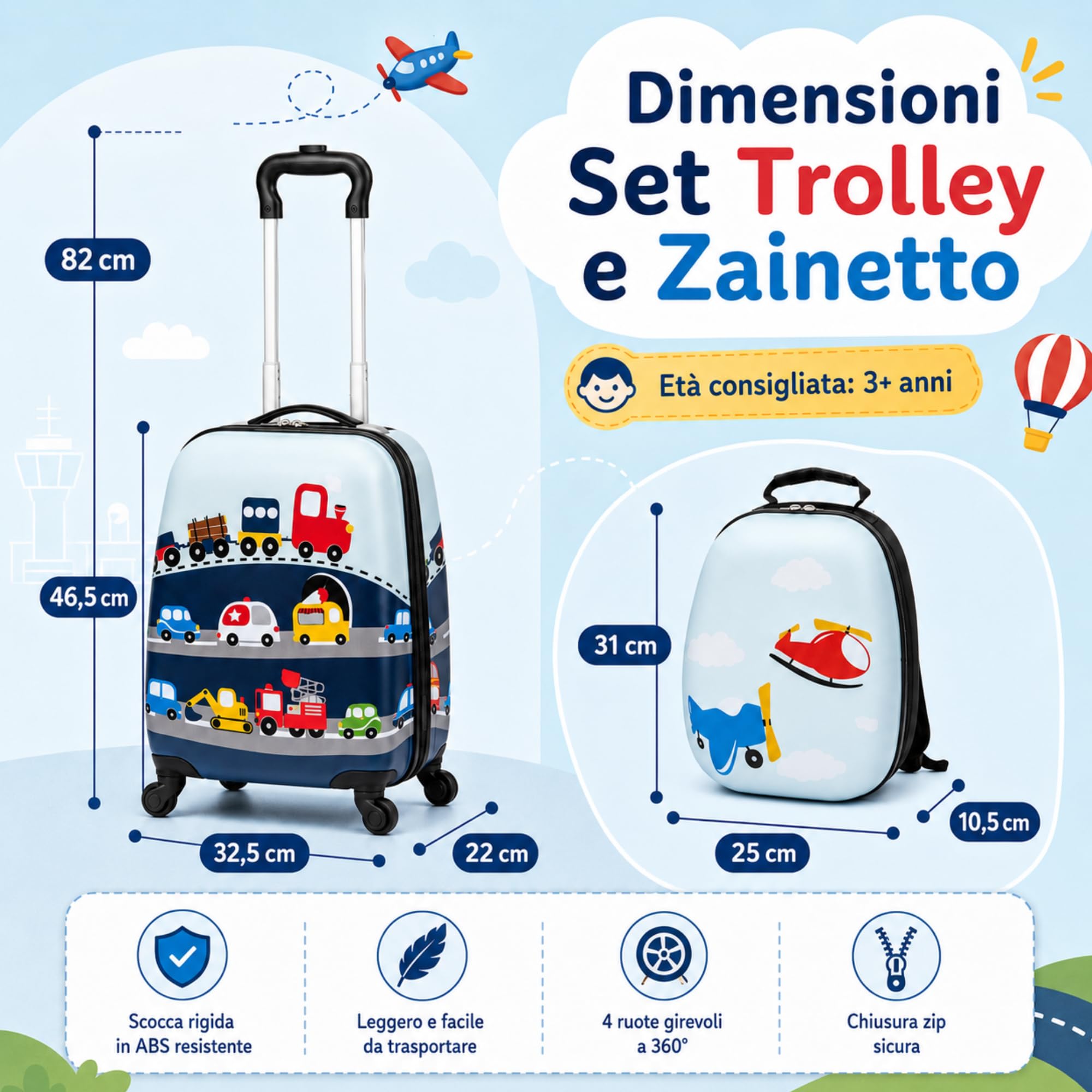 Set Trolley per Bambini 2 Pezzi Valigia Rigida e Zainetto Coordinato Bagaglio a Mano con Ruote Girevoli per Viaggio Scuola e Tempo Libero 46,5x22x32,5 cm Fantasia Traffic