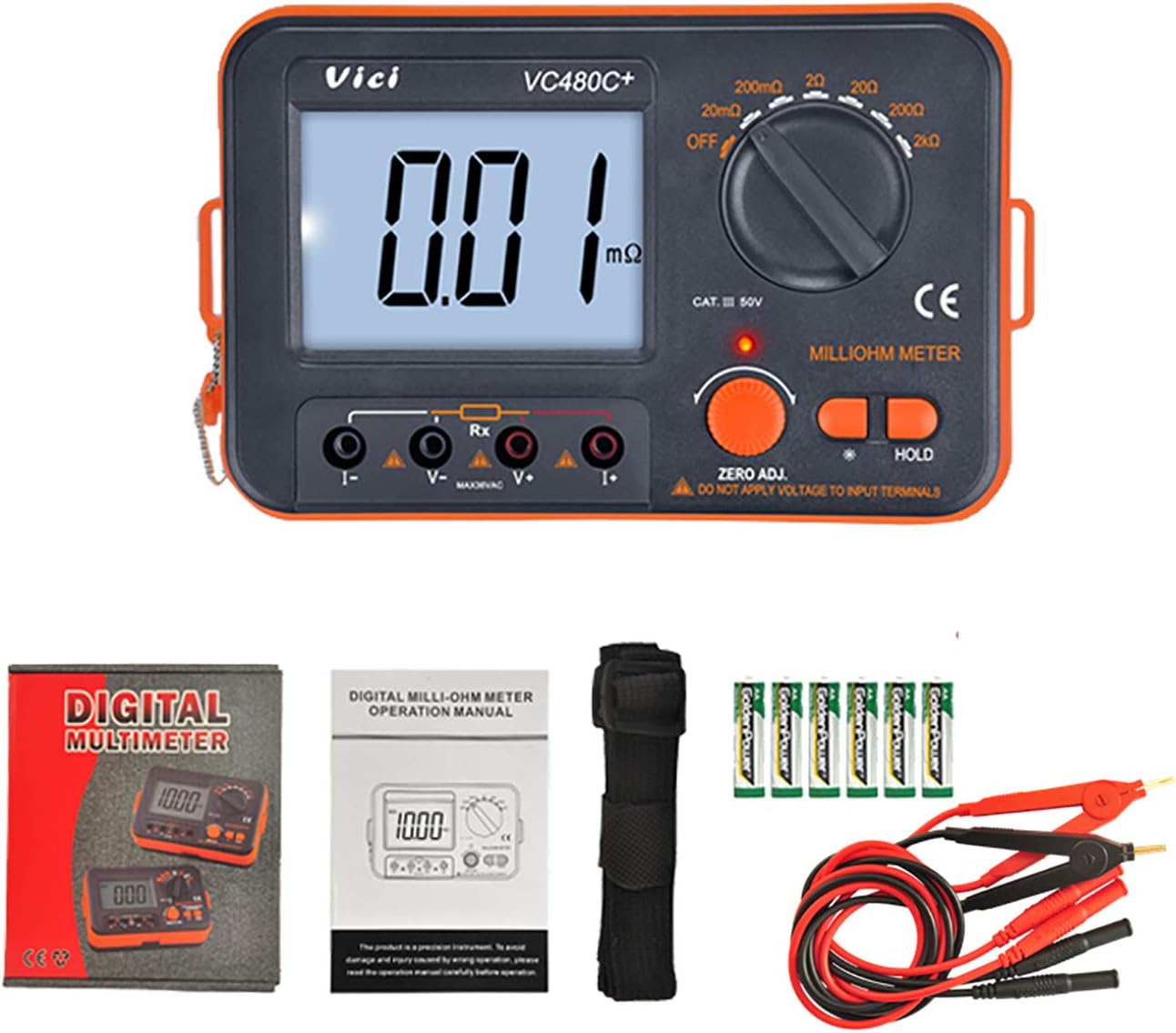 VC480C+ Milliohm Meter, Digital Milli-ohm Meter LCD Backlit 4 Wire Test Low Resistance Multimeter 6 Ranges Accuracy Measurer