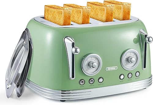 Tostadora de 4 rebanadas, tostadora verde retro, bagel, con tapa de acero inoxidable. Funciones de recalentamiento, descongelación y cancelación,