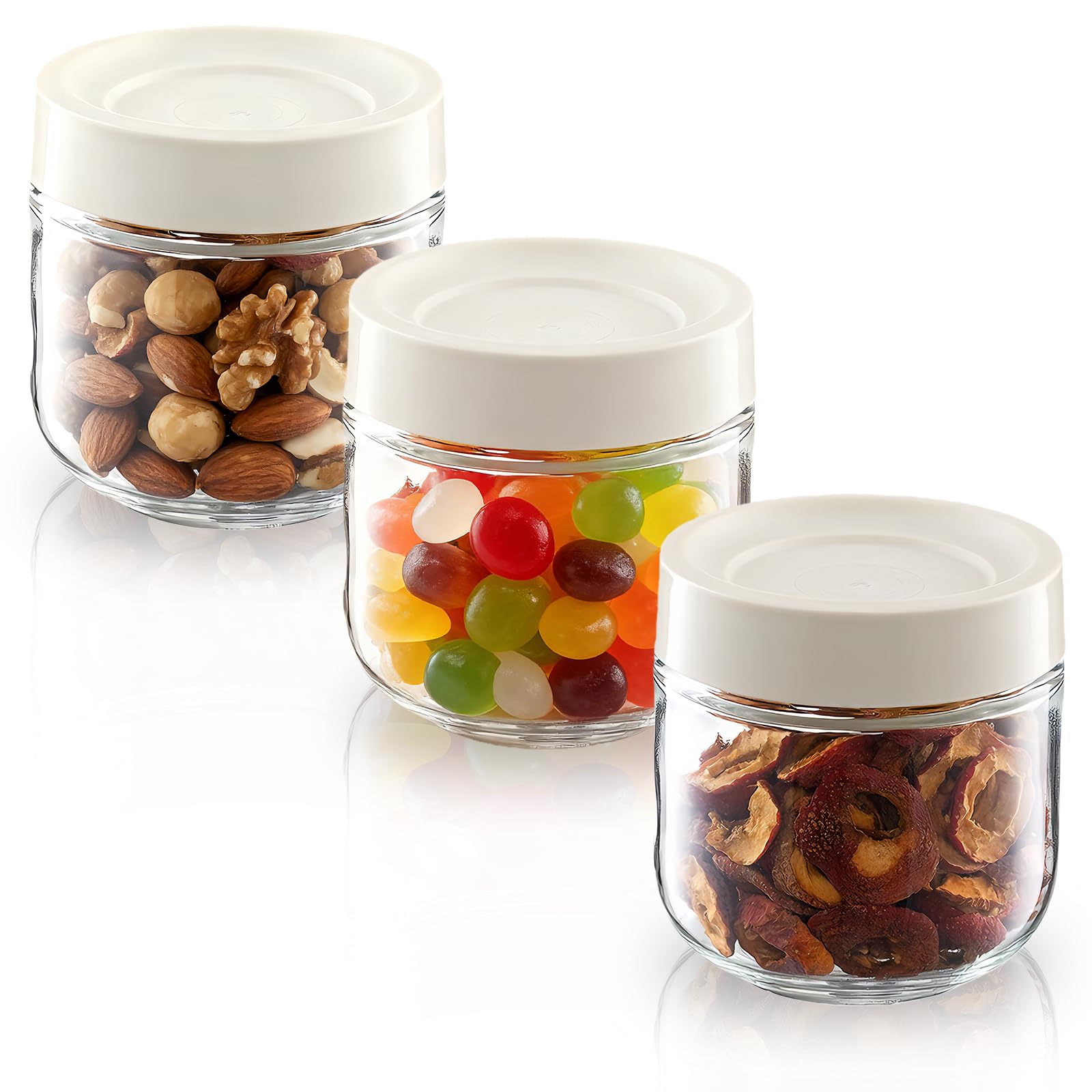 MEETOZ Glass Jars with Lids,Overnight Oats Containers with Screw Lid,Reusable Small Mason jars for Food Spice Fruit Sauce Cereal Snacks Storage (3 pack 10oz Beige)