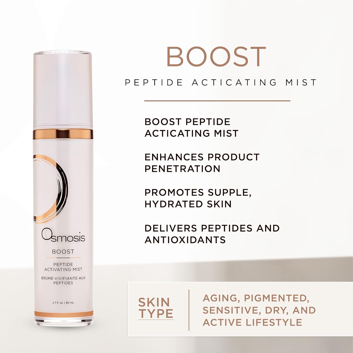 OSMOSIS BOOST Peptide Activating Hydrating Facial Mist with Hyaluronic Acid for Aging, Pigmented, Sensitive and Dry Skin, 2.7 Fl Oz - Image 2