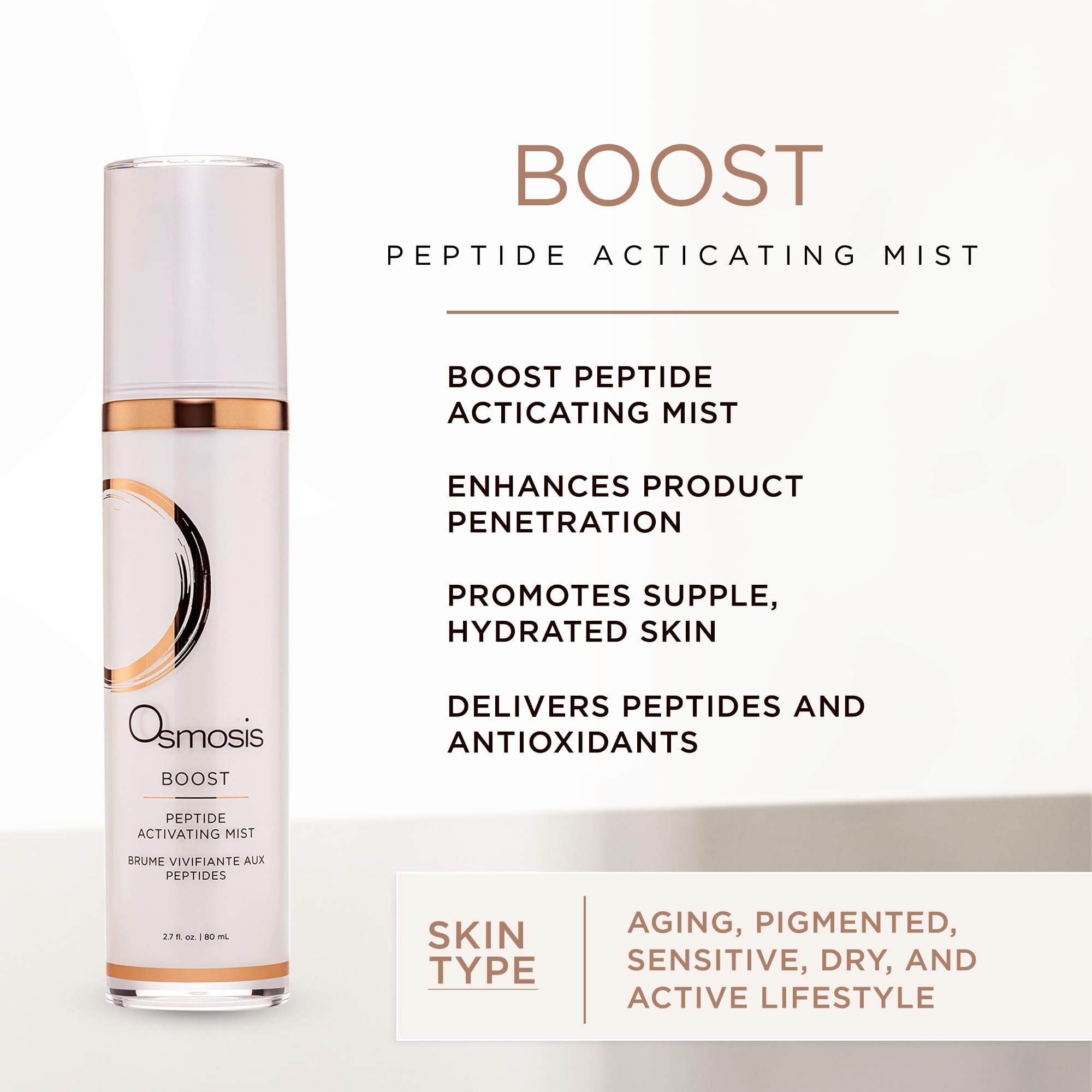 OSMOSIS BOOST Peptide Activating Hydrating Facial Mist with Hyaluronic Acid for Aging, Pigmented, Sensitive and Dry Skin, 2.7 Fl Oz