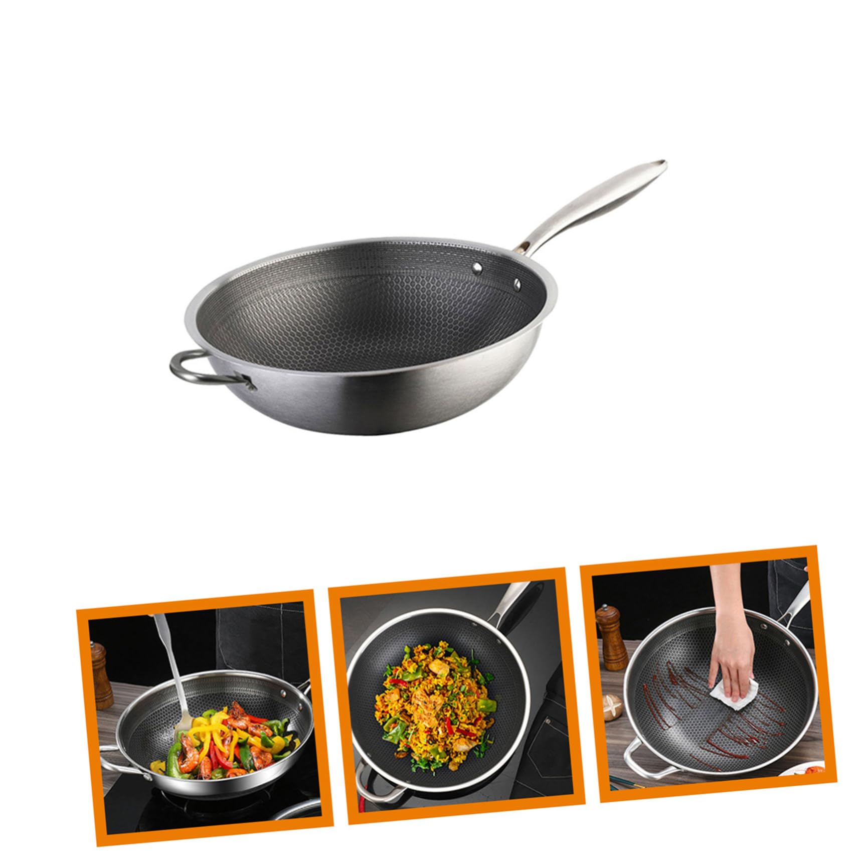 Wok Antiadhésif en Acier Inoxydable Nid Abeille 36cm Cuisine
