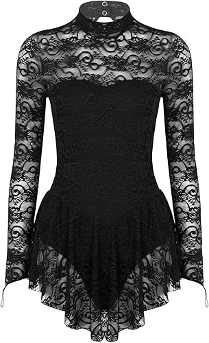 JEATHA Leotardo de ballet de encaje floral para mujer, mangas para dedos, vestido de patinaje sobre hielo