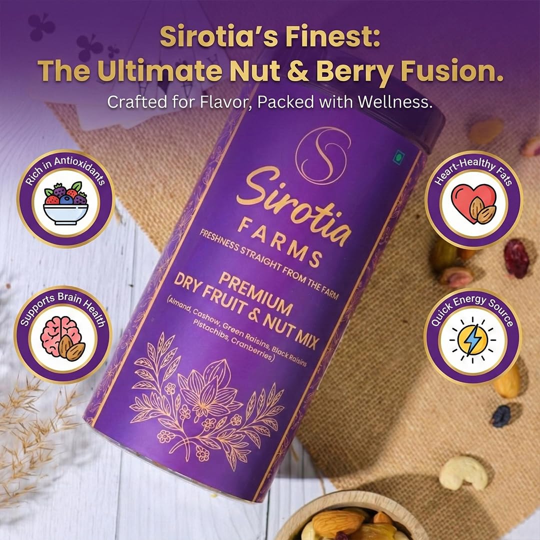 Sirotia Farms Premium Dry Fruit & Nut Mix, 500g, Rich in Dietary Fiber, Magnesium & Phosphorus, Source of Protein, Flavourful & Crunchy Snack, Almonds, Cashews, Green Raisins, Black Raisins, Pistachios, & Cranberries 4