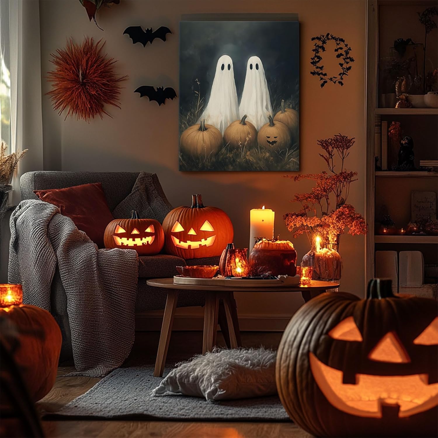 Vintage Halloween Canvas Wall Art, Cute Ghost and Pumpkin Canvas Print Poster, Vintage Pumpkin Halloween Oil Painting, Funny Lighted Gothic Wiccan Artwork, Creepy Pictures Decoration, 11x14inch Framed