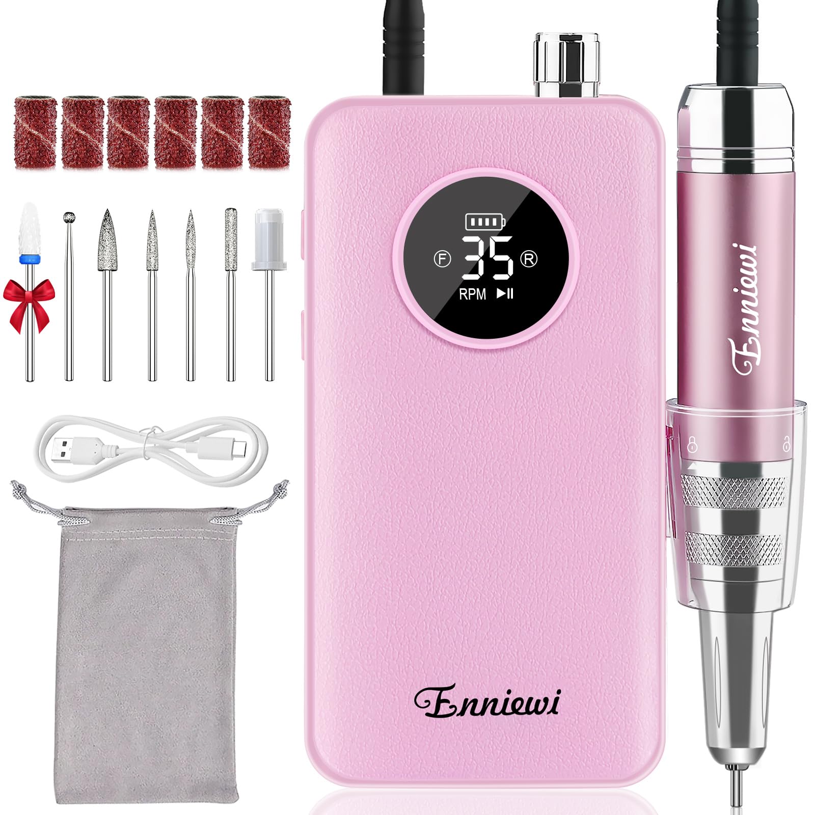 Torno para Uñas 35000RPM para Uñas de Gel, Taladro Eléctrico Recargable con Pantalla LED, Portátil, Bajo Ruido, Kit Profesional para Manicura y Pedicura para Hogar y Salón, 48W, Rosa