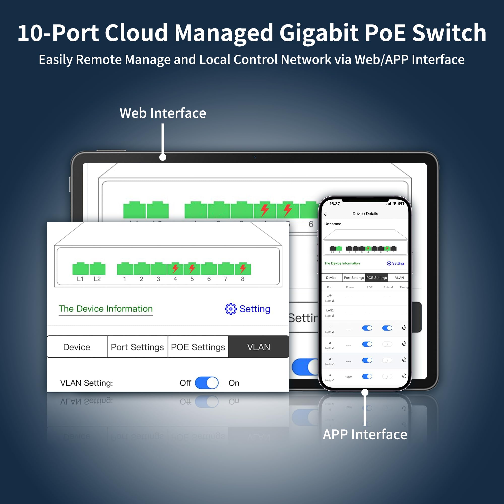 Commutateur PoE géré Gigabit à 10 ports, 8 ports PoE+ à 120 W avec liaison montante 2 Gigabit, IEEE802.3af/at, VLAN, planificateur PoE, sans ventilateur, Plug and Play, commutateur Ethernet en métal