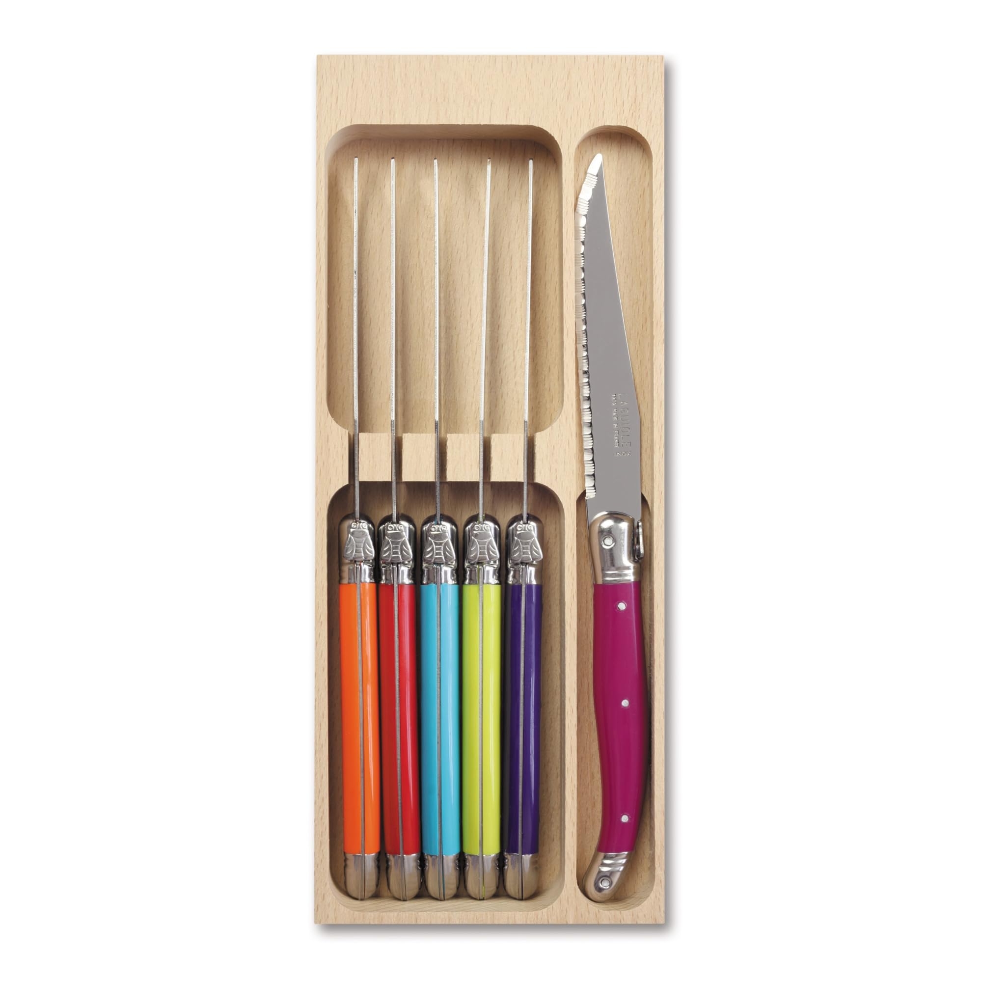 Andre Verdier Laguiole Steak Knife Set of 6 in Wooden Tray, Premium Stainless Steel - Sharp Serrated Knife Set, Made in France, Multicolour