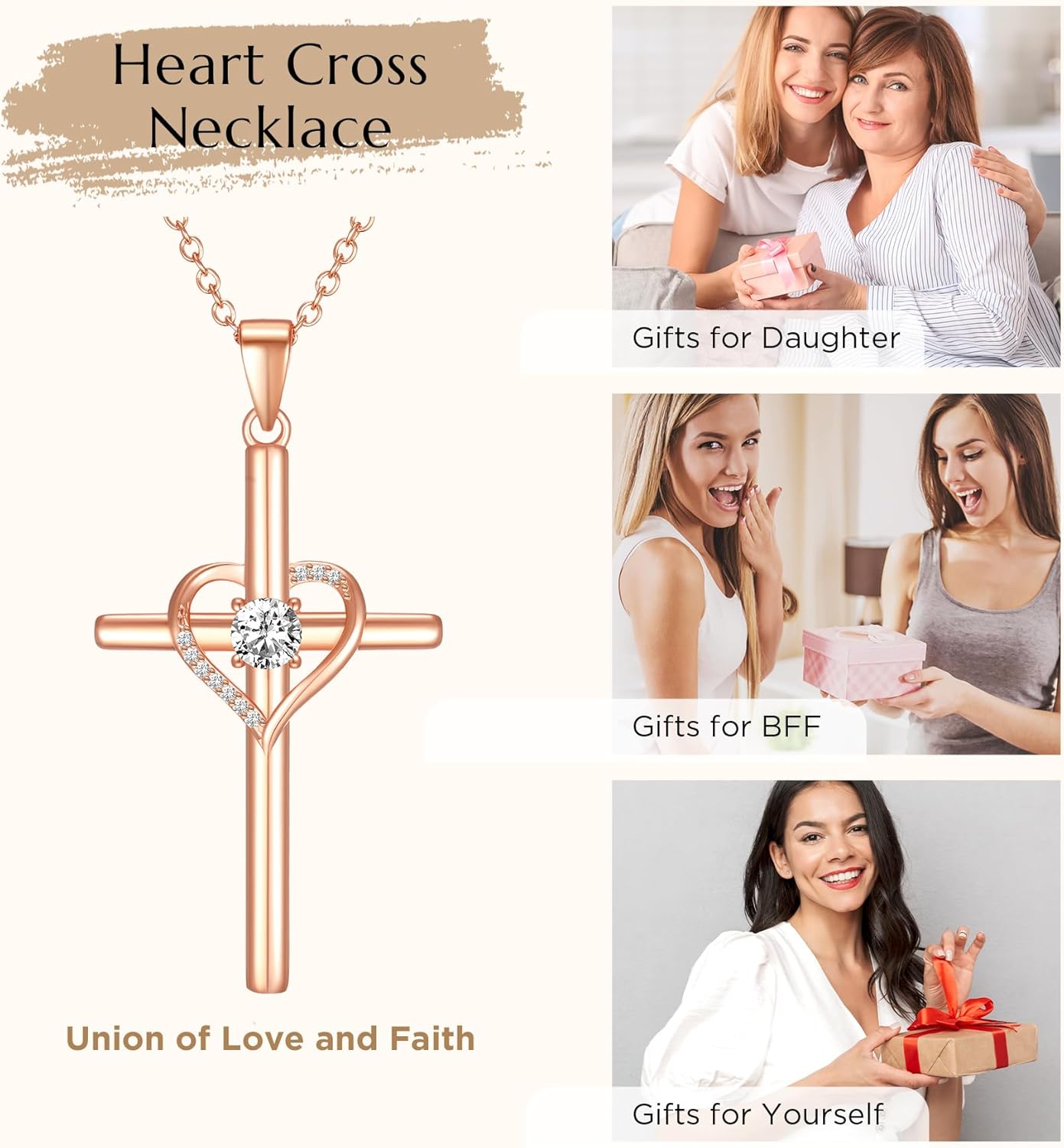 NORBU 925 Sterling Silver Cross Necklace for Women, Heart Cross Necklaces with 5A CZ Diamond, Womens' Religious Christian Jewelry Gift for Birthday Baptism Christmas - Image 5
