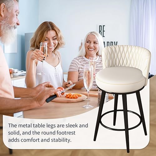 Miniatura 5 de Juego de 2 taburetes de bar de 27 pulgadas con patas resistentes, taburete de bar de cuero para cocina, comedor, bar (giratorio, beige, cuero)