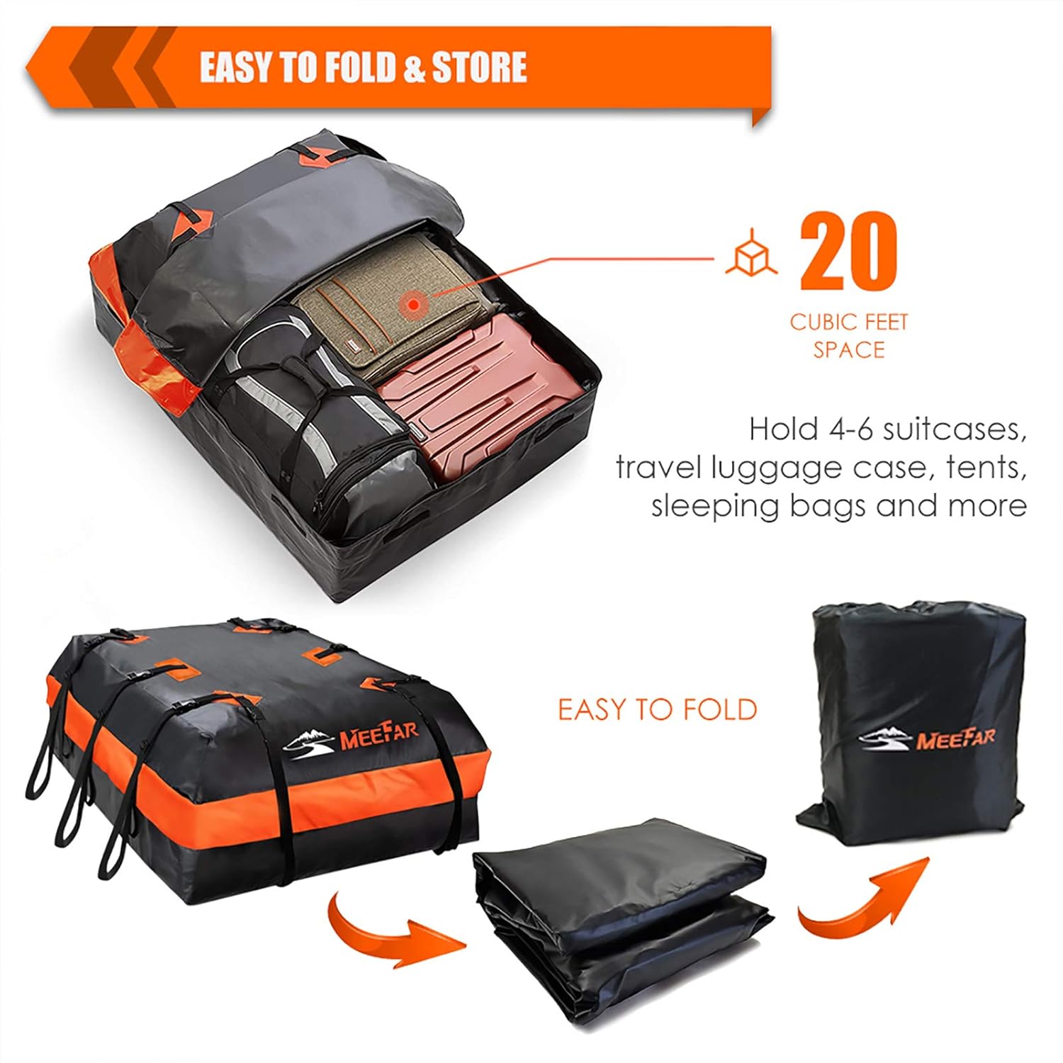 MeeFar Car Roof Bag XBEEK Rooftop top Cargo Carrier Bag 20 Cubic feet Waterproof for All Cars with/Without Rack, Includes Anti-Slip Mat, 10 Reinforced Straps, 6 Door Hooks, Luggage Lock : Automotive