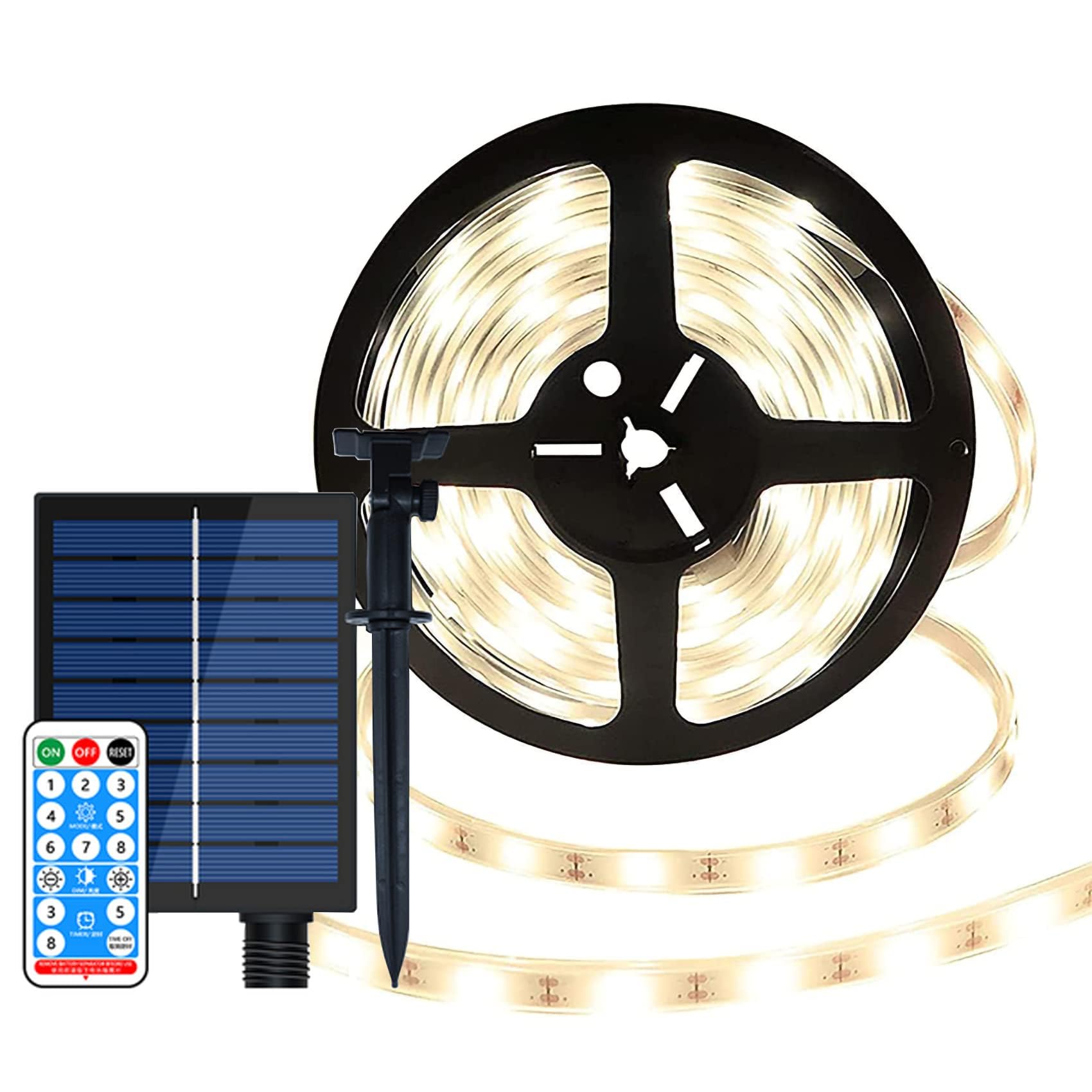 Tira LED solar, 150 LED,5m flexibles, con control remoto, temporizador de 8 modos, para escaleras, jardines, cenadores, piscinas y decoración navideña. (Blanco cálido)