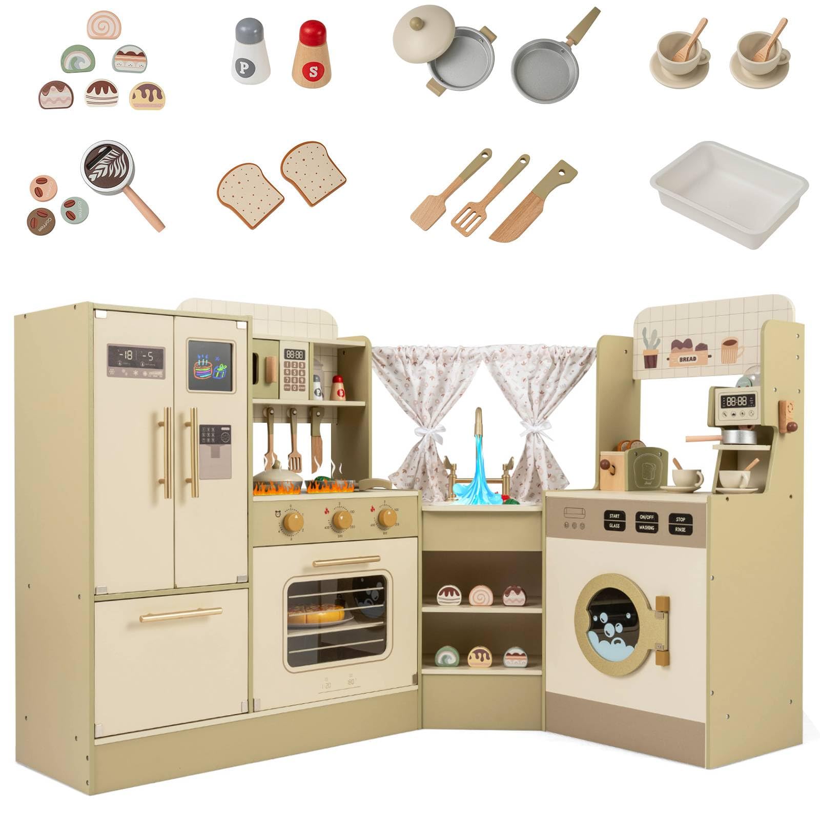 GYMAX Kids Corner Kitchen, Large Play Kitchen with Stoves, Microwave, Coffee Machine, Refrigerator, Dishwasher and Accessories, Wooden Toy Kitchen for 3 + Years Old