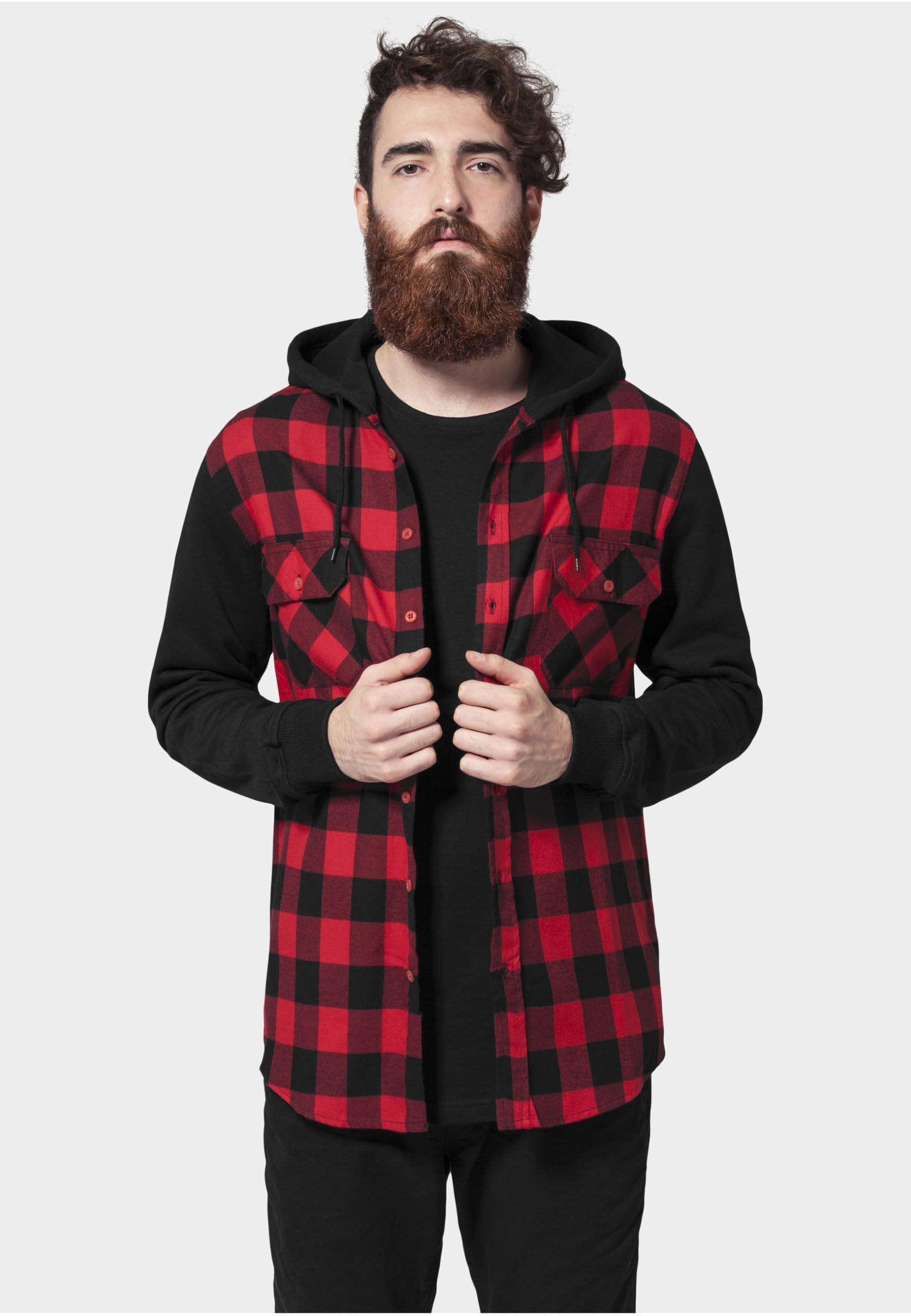 Urban Classics A Cuadros Franela con Capucha Hombre Camisa de Franela Negro/Rojo Regular