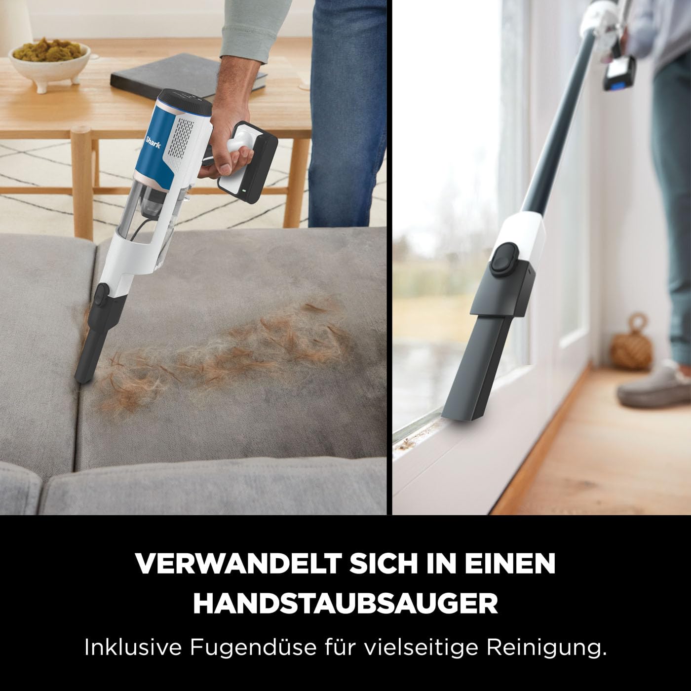 Shark kabelloser Akku-Staubsauger m. FloorDetect, Anti-Hair-Wrap, BU1120EU | PowerFins, 40 Min Laufzeit, LED-Display, Staubsauger kabellos & Handstaubsauger-Modus m. Fugendüse, Weiß und Marineblau