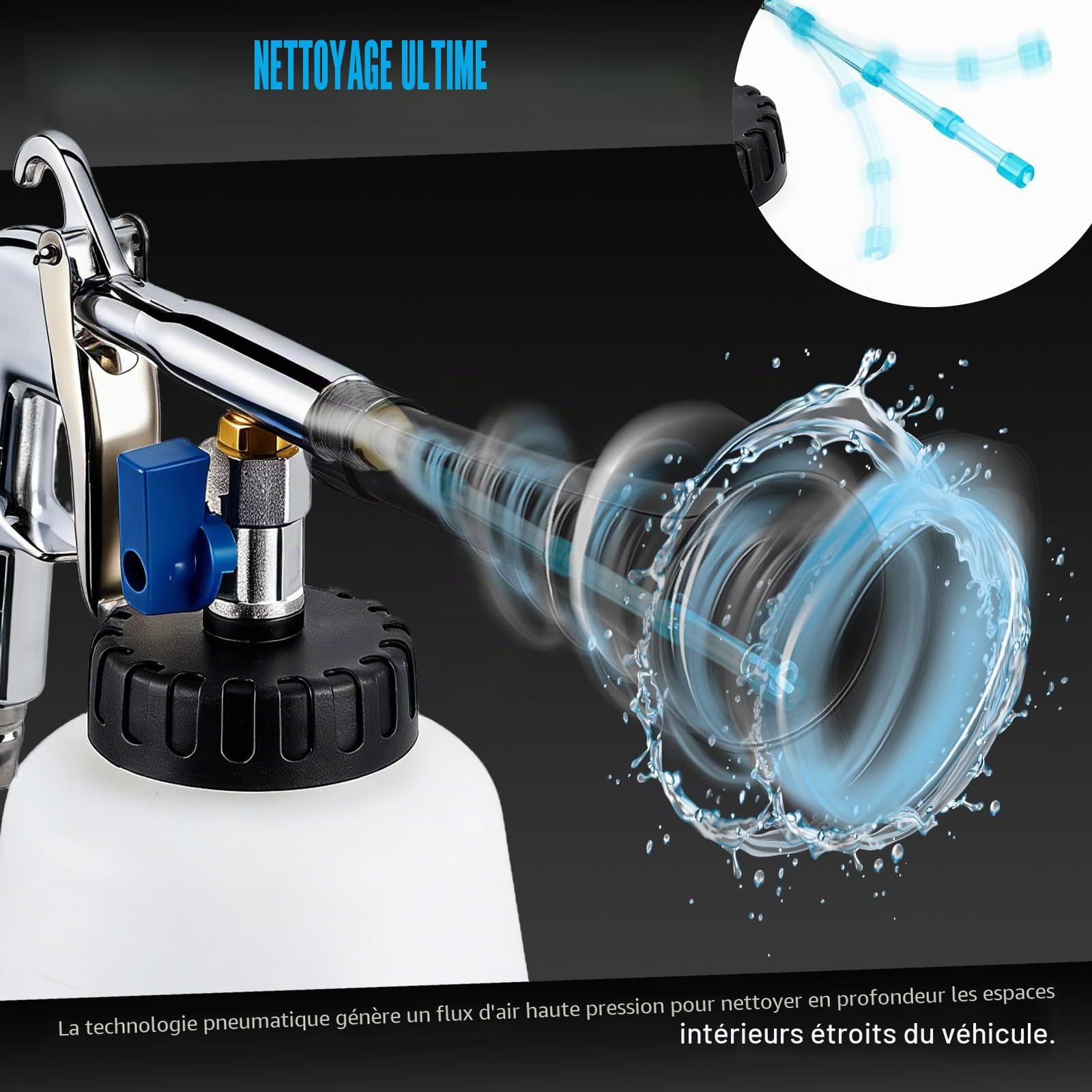 Pistolet de nettoyage à air comprimé avec effet tornade - Pistolet de nettoyage haute pression pour voiture, atelier et maison - Kit tout-en-un avec réservoir d'eau de 1 l, 2 buses et accessoires