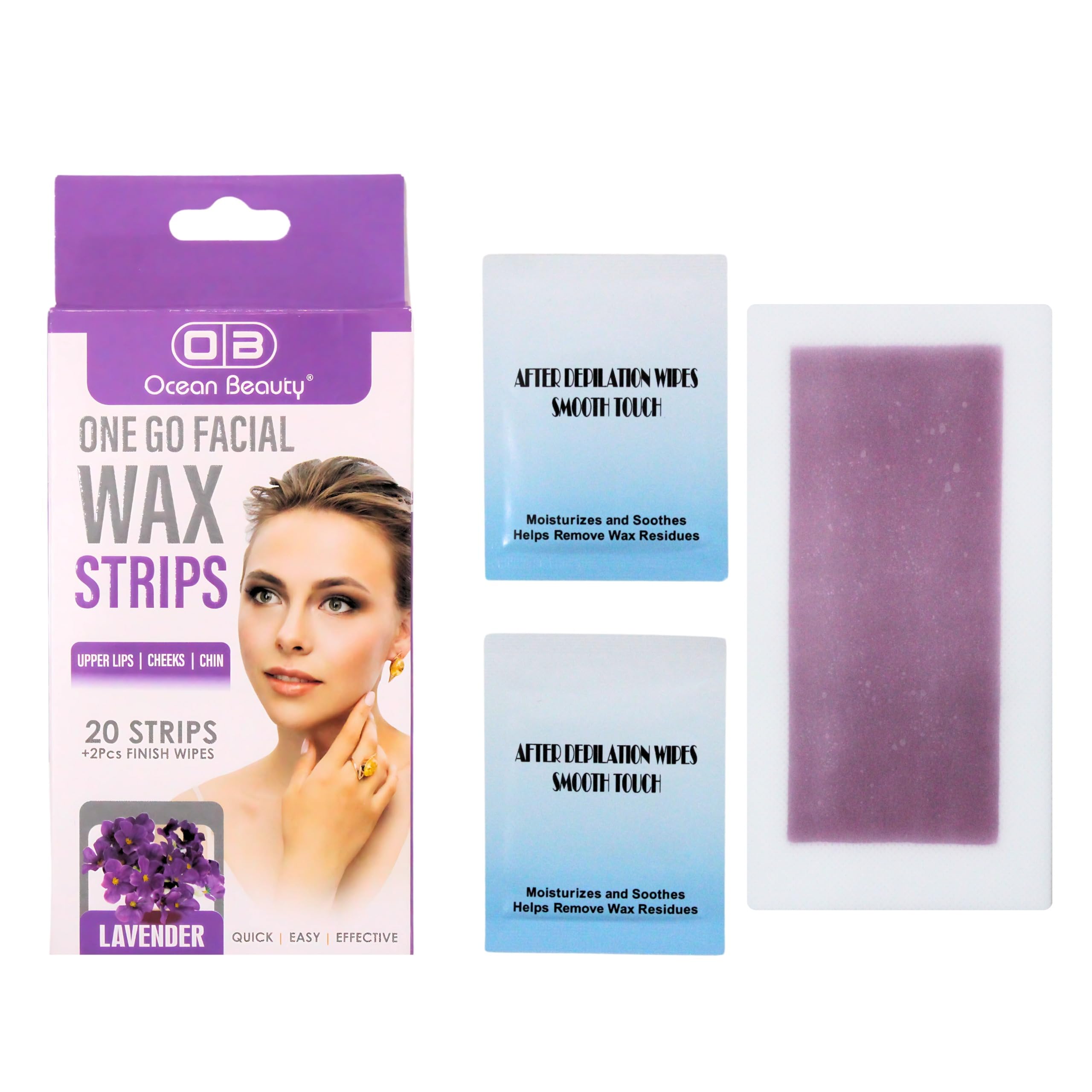 One Go Facial Wax Strips, 20 Strips with 2 Finish Wipes, for Upper Lips, Cheeks, Chin, flavor for Lavender-image-2