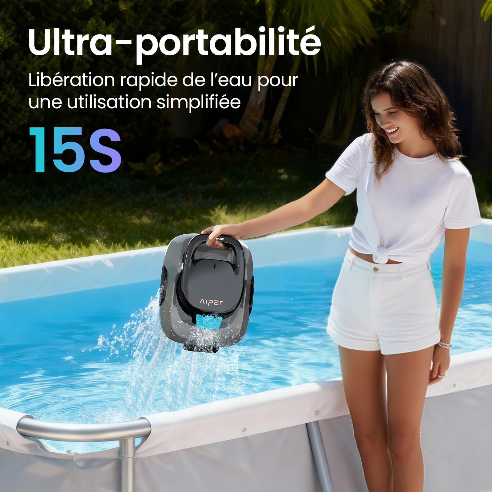 AIPER Robot Piscine sans Fil, Aspirateur de Piscine Automatique, Autonomie 90 Min, Aspire Débris et Feuilles, Auto-Stationnement, Idéal pour Piscines Hors-Sol jusqu'à 80 m²