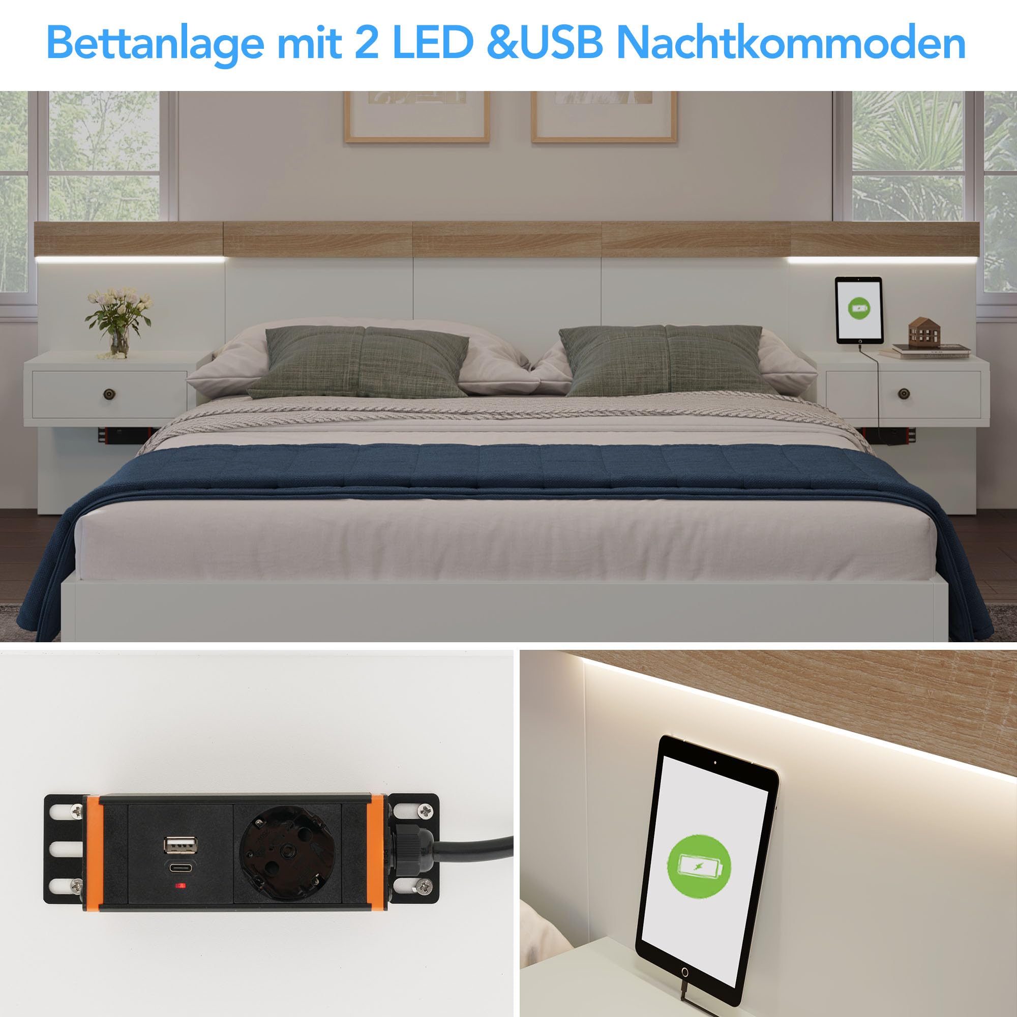 Lit double avec 2 commodes de chevet LED et prise USB C 160 x 200 cm, lit en bois avec 2 tables de chevet pour chambre à coucher - 205 x 264 x 90,5 cm (p x l x h) - En chêne Sonoma/blanc (sans