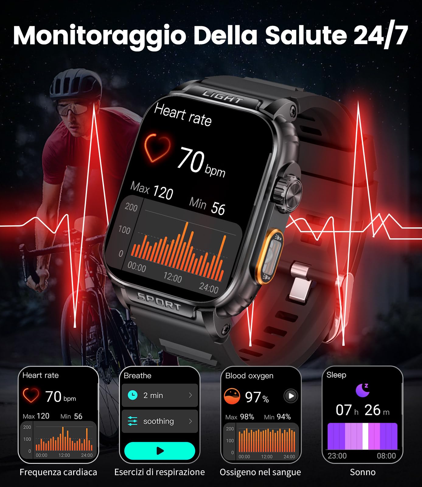 LIGE 2024 Smartwatch Uomo Militare con Torcia LED,1,91" HD Display Rugged Smartwatch Orologio con Chiamate Bluetooth,Impermeabile IP68,430mAh 100+ Modalità,SpO2,Sonno,Notifiche WhatsApp Android iOS
