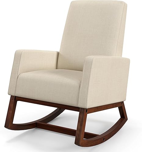 Miniatura 2 de KOMFOTT Mecedora tapizada, para sala de estar, ocio, con marco de madera de goma, sillón decorativo con respaldo alto y bolsillo de almacenamiento,