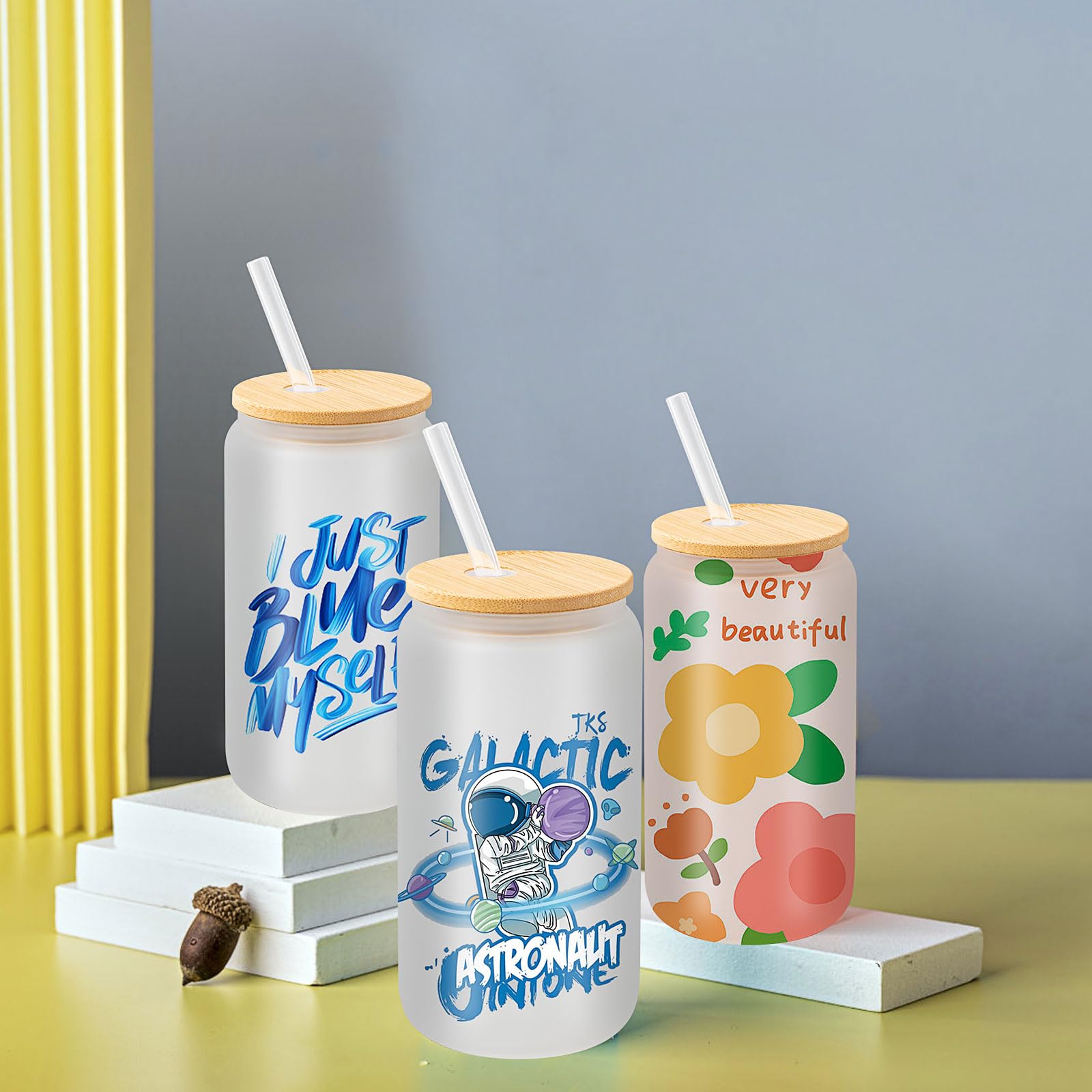 Lot de 12 Verres Givrés à Sublimation 16oz, Gobelets en Verre Borosilicate avec Couvercles en Bambou et Pailles, Blanks pour Bière, Jus, Soda, Café Glacé, Boissons