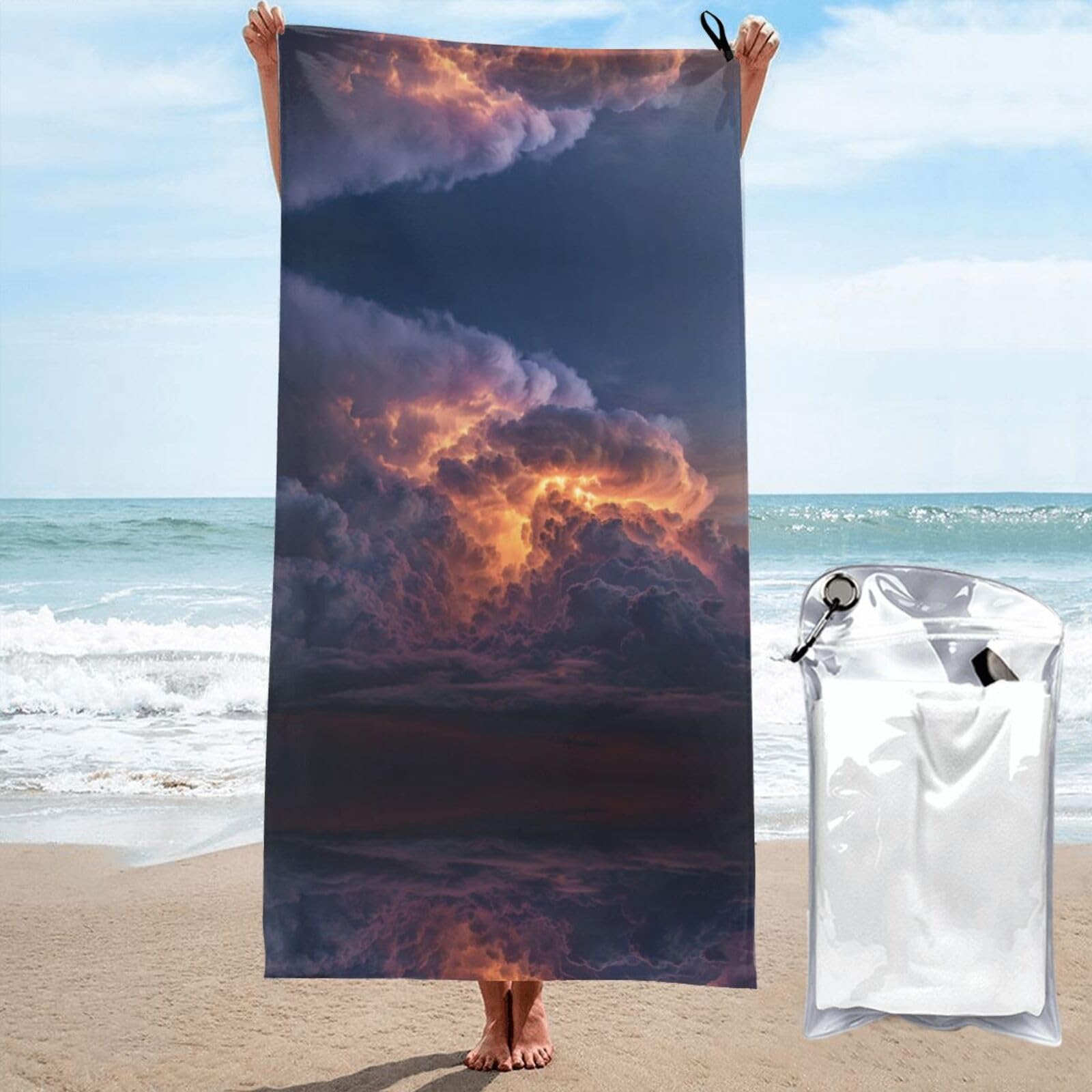 ESNAIUVCD Thunderstorm Print Beach Towel, Microfibre Sauna Towel, Quick-Drying Fitness Towel, Lightweight And Thin Portable Sauna Towel