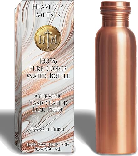 Miniatura 6 de Heavenly Metals Botella de agua de cobre puro de 32 onzas, recipiente de cobre ayurvédico hecho a mano con tapa a prueba de fugas, botella de 32.1