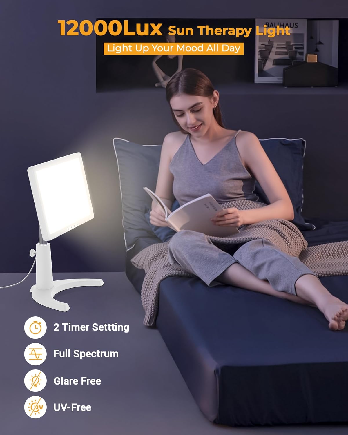 Light Therapy Lamp, 12000 Lux Full Spectrum 3 in 1 Therapy Lamps LED Sunlight, Adjustable 10 Brightness 5 Color Modes, Timer, Height, Angle& Detachable Stand, White - Image 4