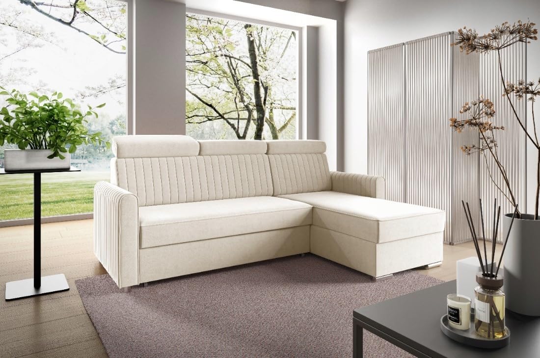 LIKMA Neli Narożnik Kremowy z Funkcją Spania i Pojemnikiem na Pościel 213x100x165 cm Sofa L Regulowane Zagłówki Nowoczesna Sofa Narożna do Salonu Tkanina Cloud
