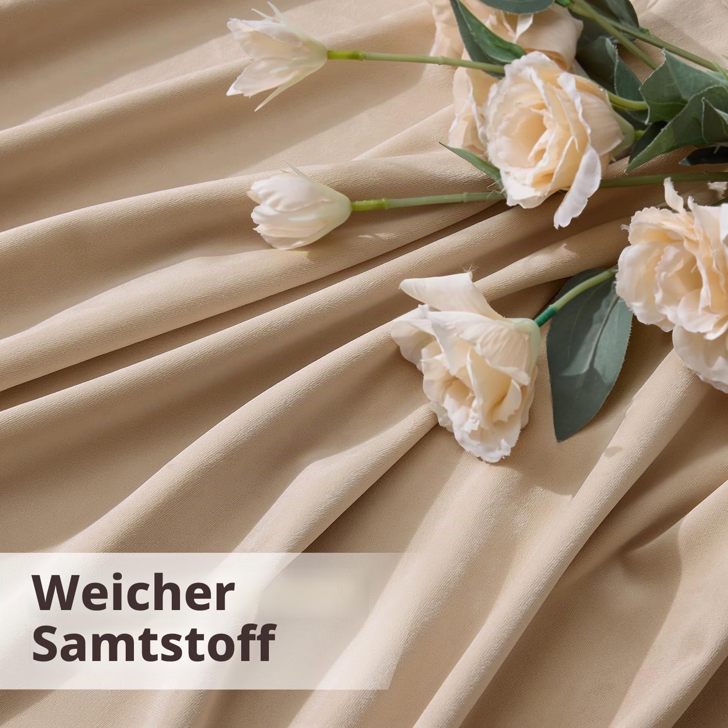 Woaboy Samtvorhang mit Kräuselband Blickdichte Vorhänge 140x245 cm Beige | 2er Set Samt Gardinen Deko Schöne Dicke und Schwere Wohnzimmer Schlafzimmer Verdunkelung Thermovorhang
