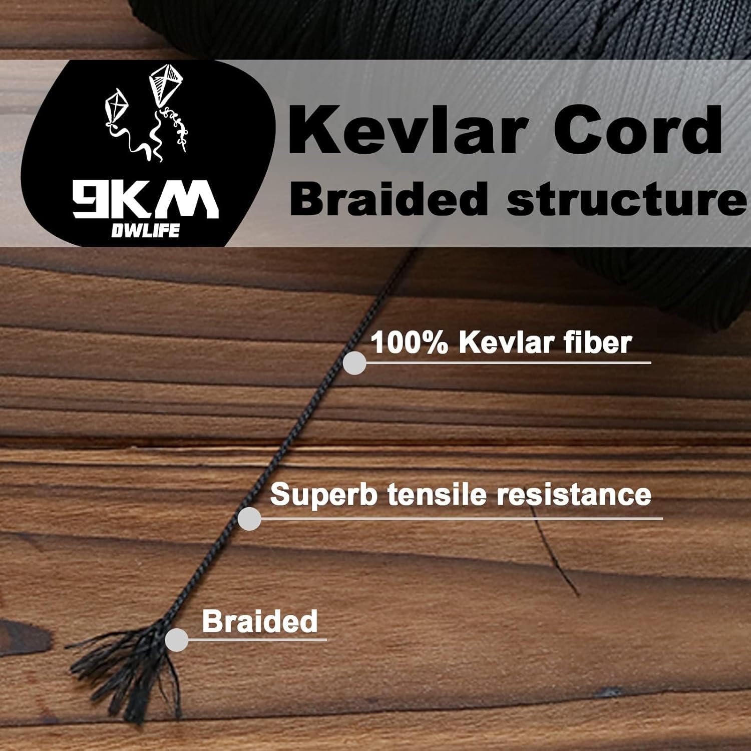 9KM DWLIFE Black Braided Kevlar Cord, 500-1500lb, Heavy Duty Huge Kite String, Model Rocket, Paracord, Fishing Assist Cord, Camping, Hiking, Outdoor Survival Rope