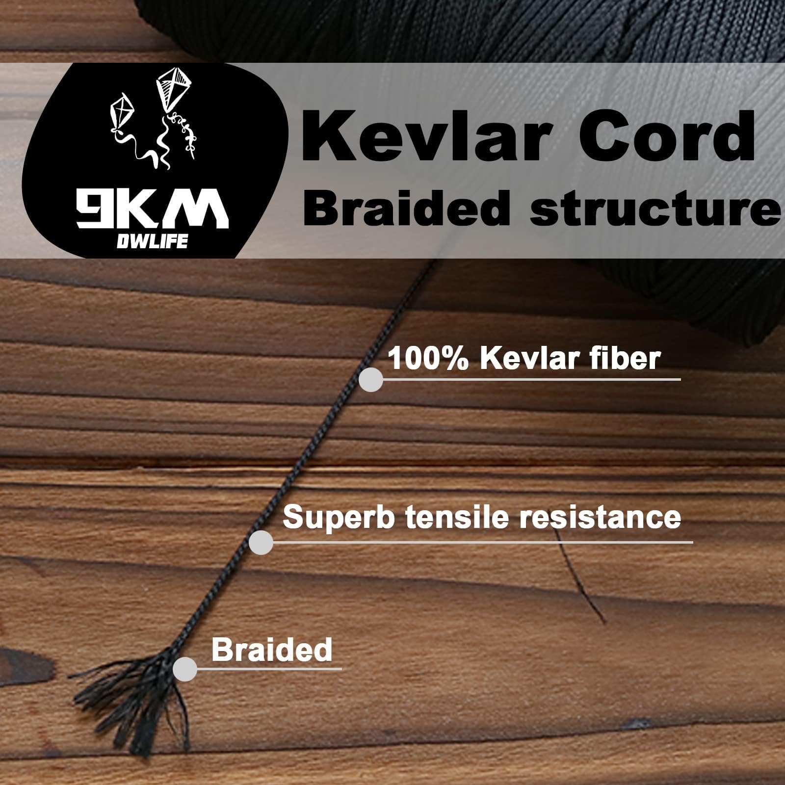9KM DWLIFE Corde tressée en Kevlar noir, 226,8 à 680,4 kg, corde de cerf-volant robuste, modèle fusée, paracorde, corde d'aide à la pêche, camping, randonnée, corde de survie en plein air